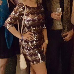 Purple and gold sequin mini party dress with sleeves size Large by Crystal Doll